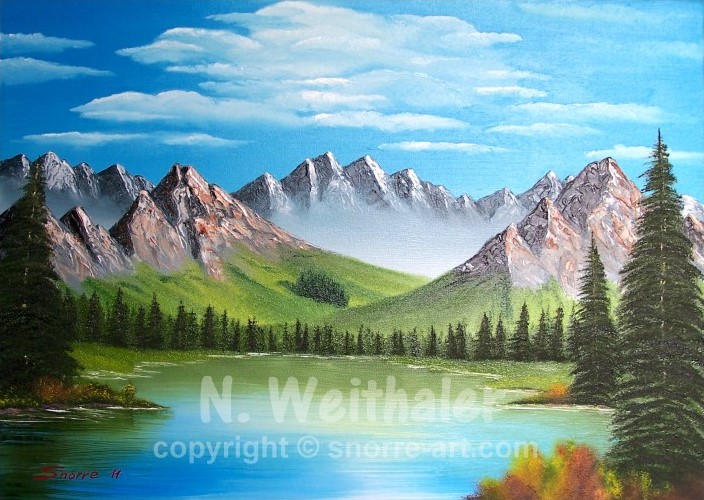 GEBIRGSSEE Landschaftsmalerei Berge See Öl Gemälde