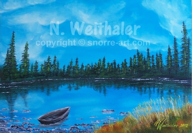 WALDSEE MIT BOOT - Landschaftsmalerei See Teich Öl